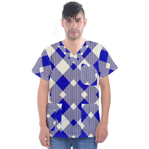 Blue Diagonal Plaids  Men s V-neck Scrub Top by ConteMonfrey