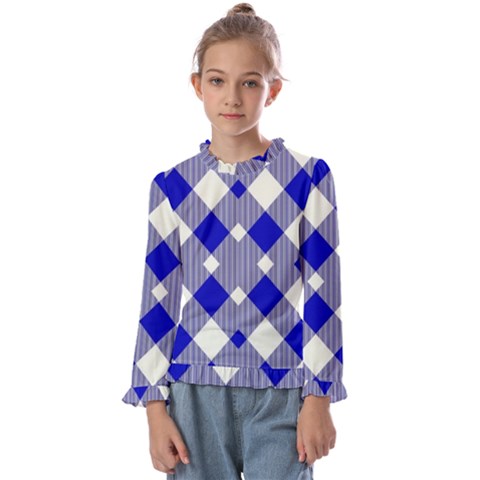 Blue Diagonal Plaids  Kids  Frill Detail Tee by ConteMonfrey