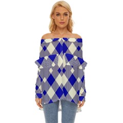 Blue Diagonal Plaids  Off Shoulder Chiffon Pocket Shirt by ConteMonfrey