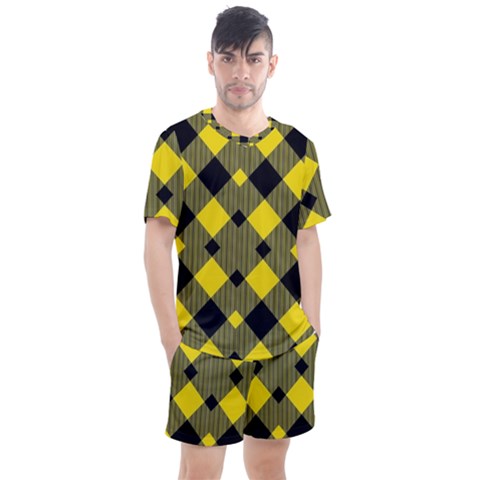 Yellow Diagonal Plaids Men s Mesh Tee And Shorts Set by ConteMonfrey