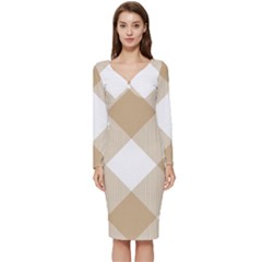 Clean Brown White Plaids Long Sleeve V-neck Bodycon Dress  by ConteMonfrey