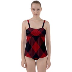 Black And Dark Red Plaids Twist Front Tankini Set by ConteMonfrey