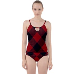 Black And Dark Red Plaids Cut Out Top Tankini Set by ConteMonfrey