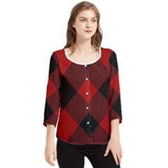 Black And Dark Red Plaids Chiffon Quarter Sleeve Blouse by ConteMonfrey