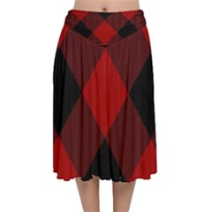 Black And Dark Red Plaids Velvet Flared Midi Skirt by ConteMonfrey