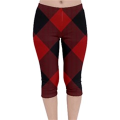 Black And Dark Red Plaids Velvet Capri Leggings  by ConteMonfrey