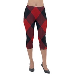 Black And Dark Red Plaids Lightweight Velour Capri Leggings  by ConteMonfrey