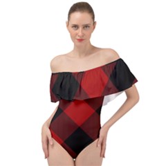 Black And Dark Red Plaids Off Shoulder Velour Bodysuit  by ConteMonfrey