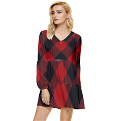 Black And Dark Red Plaids Tiered Long Sleeve Mini Dress by ConteMonfrey