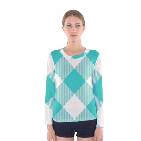 Blue Turquoise Diagonal Plaids Women s Long Sleeve Tee by ConteMonfrey