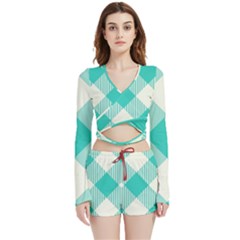 Blue Turquoise Diagonal Plaids Velvet Wrap Crop Top And Shorts Set by ConteMonfrey