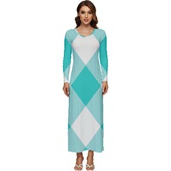 Blue Turquoise Diagonal Plaids Long Sleeve Velour Longline Maxi Dress by ConteMonfrey