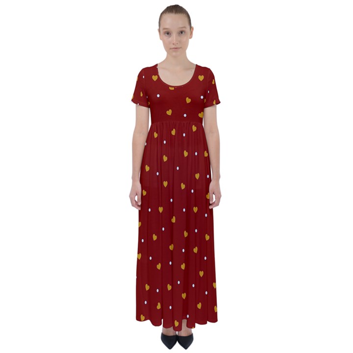 Red Yellow Love Heart Valentine High Waist Short Sleeve Maxi Dress