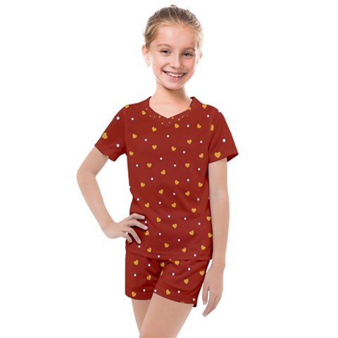 Red Yellow Love Heart Valentine Kids  Mesh Tee And Shorts Set by Ravend