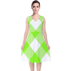 Neon Green And White Plaids V-neck Midi Sleeveless Dress  by ConteMonfrey