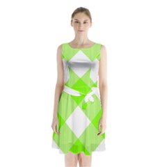 Neon Green And White Plaids Sleeveless Waist Tie Chiffon Dress by ConteMonfrey