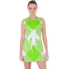 Neon Green And White Plaids Lace Up Front Bodycon Dress by ConteMonfrey