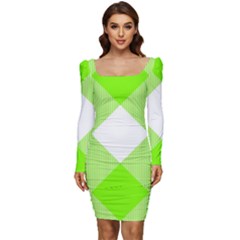 Neon Green And White Plaids Women Long Sleeve Ruched Stretch Jersey Dress