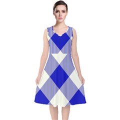 Blue And White Diagonal Plaids V-neck Midi Sleeveless Dress  by ConteMonfrey