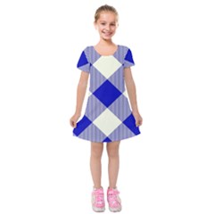 Blue And White Diagonal Plaids Kids  Short Sleeve Velvet Dress by ConteMonfrey