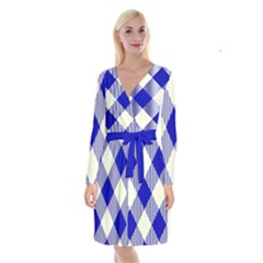 Blue And White Diagonal Plaids Long Sleeve Velvet Front Wrap Dress by ConteMonfrey