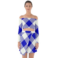 Blue And White Diagonal Plaids Off Shoulder Top With Skirt Set by ConteMonfrey