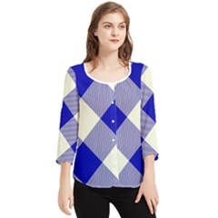 Blue And White Diagonal Plaids Chiffon Quarter Sleeve Blouse by ConteMonfrey