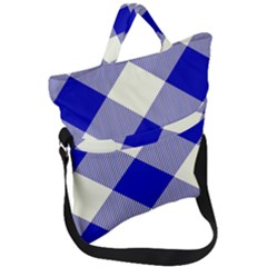 Blue And White Diagonal Plaids Fold Over Handle Tote Bag by ConteMonfrey