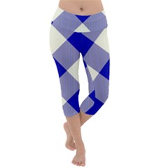 Blue And White Diagonal Plaids Lightweight Velour Capri Yoga Leggings by ConteMonfrey