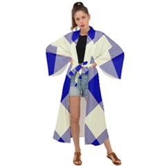 Blue And White Diagonal Plaids Maxi Kimono by ConteMonfrey