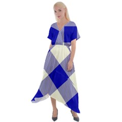 Blue And White Diagonal Plaids Cross Front Sharkbite Hem Maxi Dress by ConteMonfrey