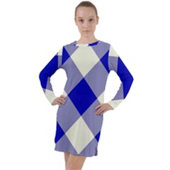 Blue And White Diagonal Plaids Long Sleeve Hoodie Dress by ConteMonfrey