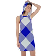 Blue And White Diagonal Plaids Racer Back Hoodie Dress by ConteMonfrey