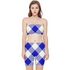 Blue And White Diagonal Plaids Stretch Shorts And Tube Top Set by ConteMonfrey