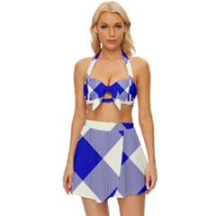 Blue And White Diagonal Plaids Vintage Style Bikini Top And Skirt Set  by ConteMonfrey