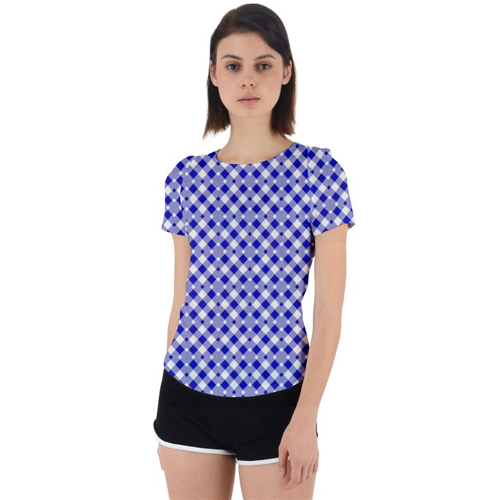 Blue Small diagonal Plaids   Back Cut Out Sport Tee