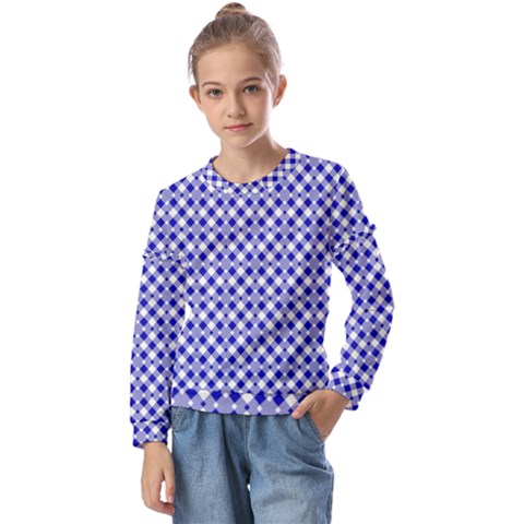 Blue Small Diagonal Plaids   Kids  Long Sleeve Tee With Frill  by ConteMonfrey