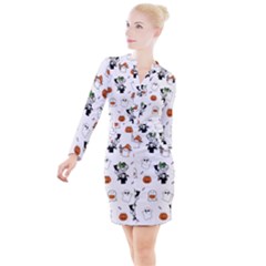 Halloween Jack O Lantern Vector Button Long Sleeve Dress by Ravend