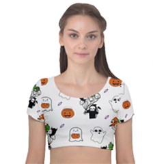 Halloween Jack O Lantern Vector Velvet Short Sleeve Crop Top  by Ravend