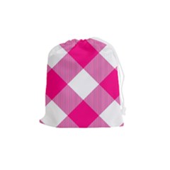 Pink And White Diagonal Plaids Drawstring Pouch (medium) by ConteMonfrey