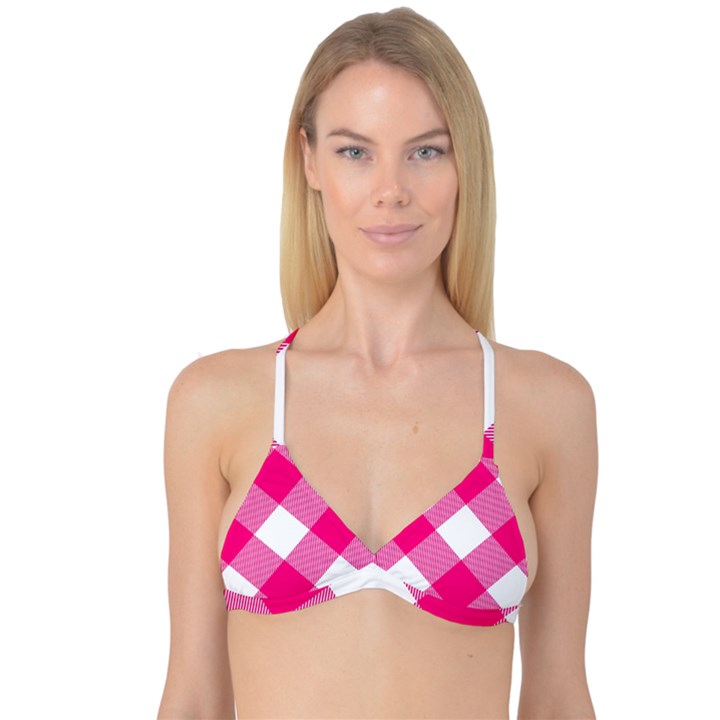 Pink and white diagonal plaids Reversible Tri Bikini Top