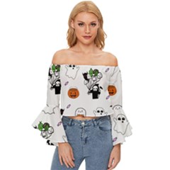 Halloween Jack O Lantern Vector Off Shoulder Flutter Bell Sleeve Top by Ravend