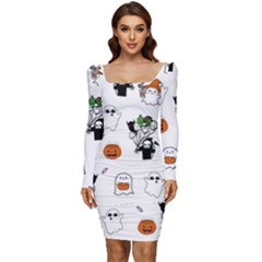 Halloween Jack O Lantern Vector Women Long Sleeve Ruched Stretch Jersey Dress by Ravend