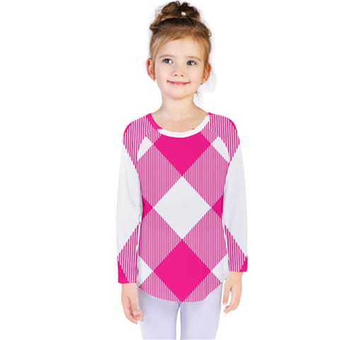 Pink And White Diagonal Plaids Kids  Long Sleeve Tee by ConteMonfrey