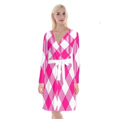 Pink And White Diagonal Plaids Long Sleeve Velvet Front Wrap Dress by ConteMonfrey