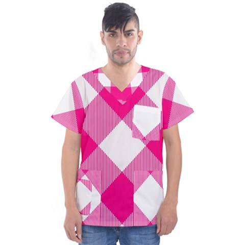 Pink And White Diagonal Plaids Men s V-neck Scrub Top by ConteMonfrey