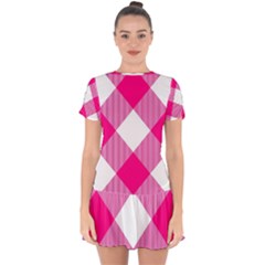 Pink And White Diagonal Plaids Drop Hem Mini Chiffon Dress by ConteMonfrey