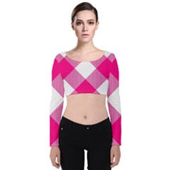 Pink And White Diagonal Plaids Velvet Long Sleeve Crop Top by ConteMonfrey