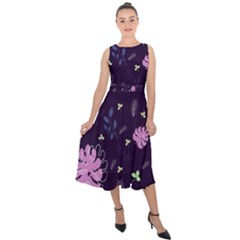 Monstera Leaves Plant Tropical Nature Midi Tie-back Chiffon Dress by Ravend