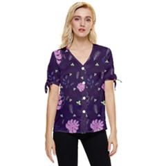 Monstera Leaves Plant Tropical Nature Bow Sleeve Button Up Top by Ravend